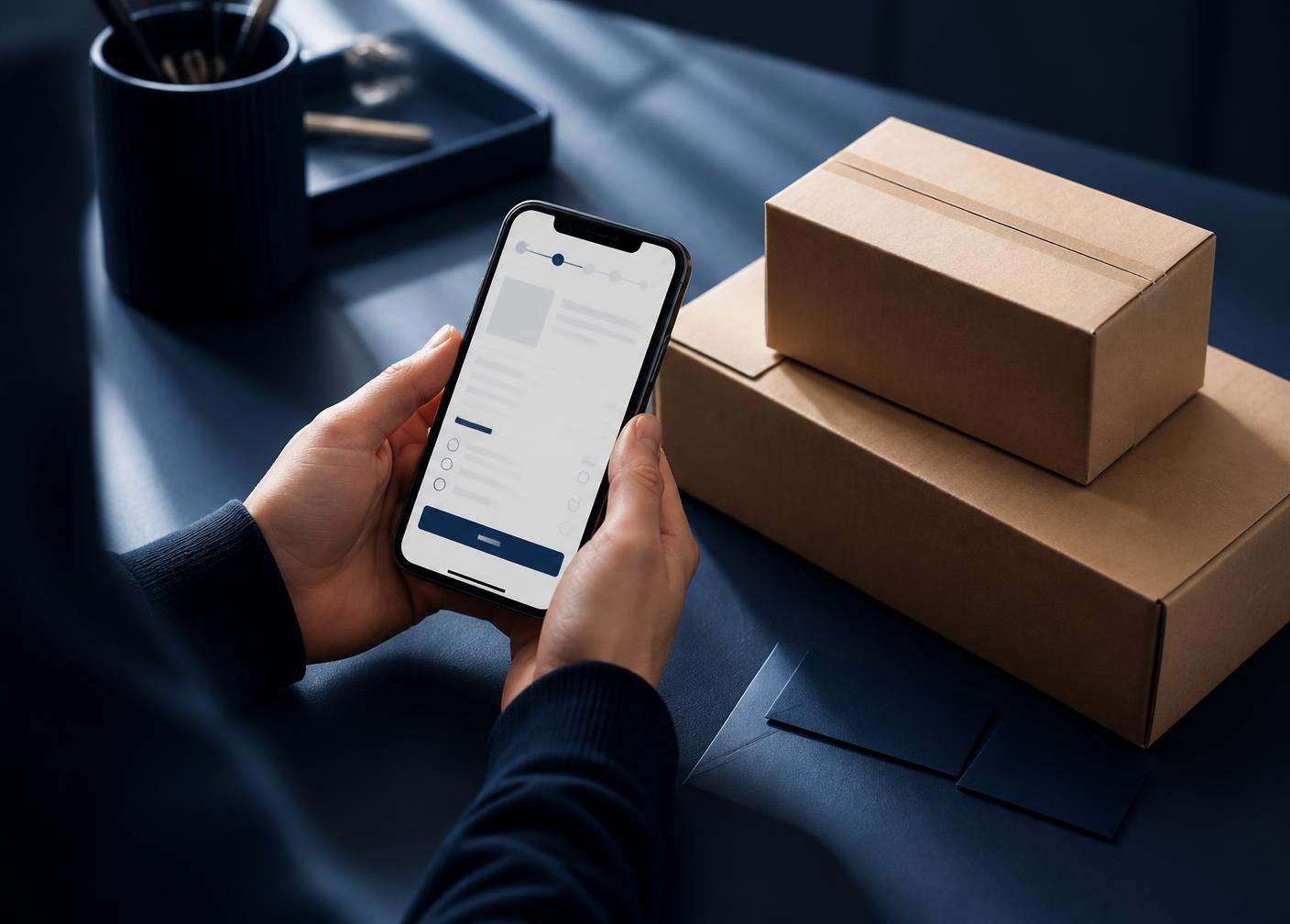 Placing a direct-to-consumer order on a phone beside packed parcels