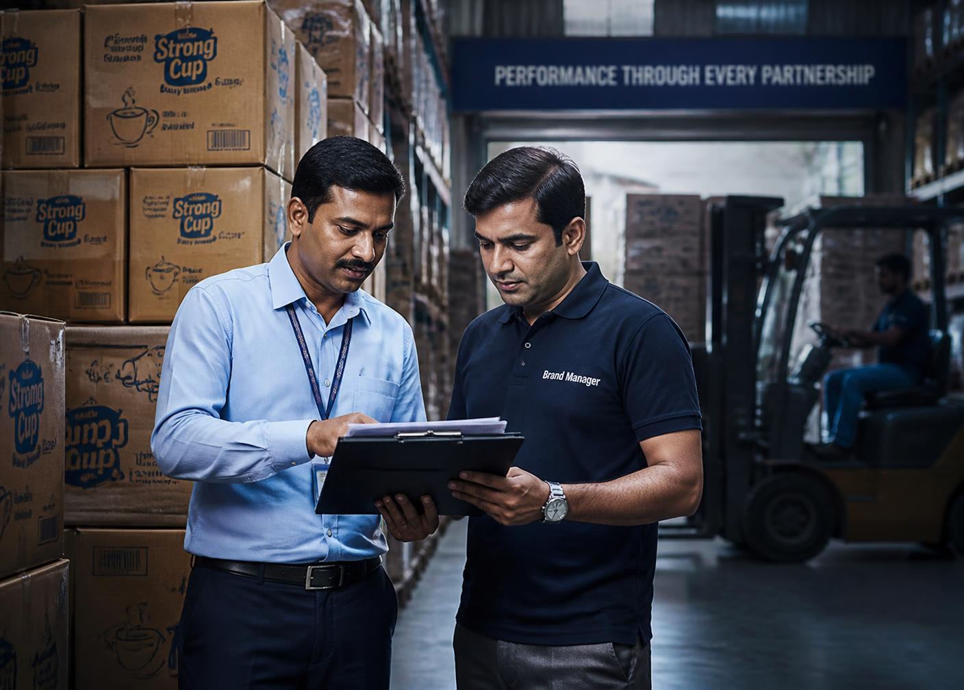 Distributor and SalesOrbit brand manager reviewing stock in a warehouse in India