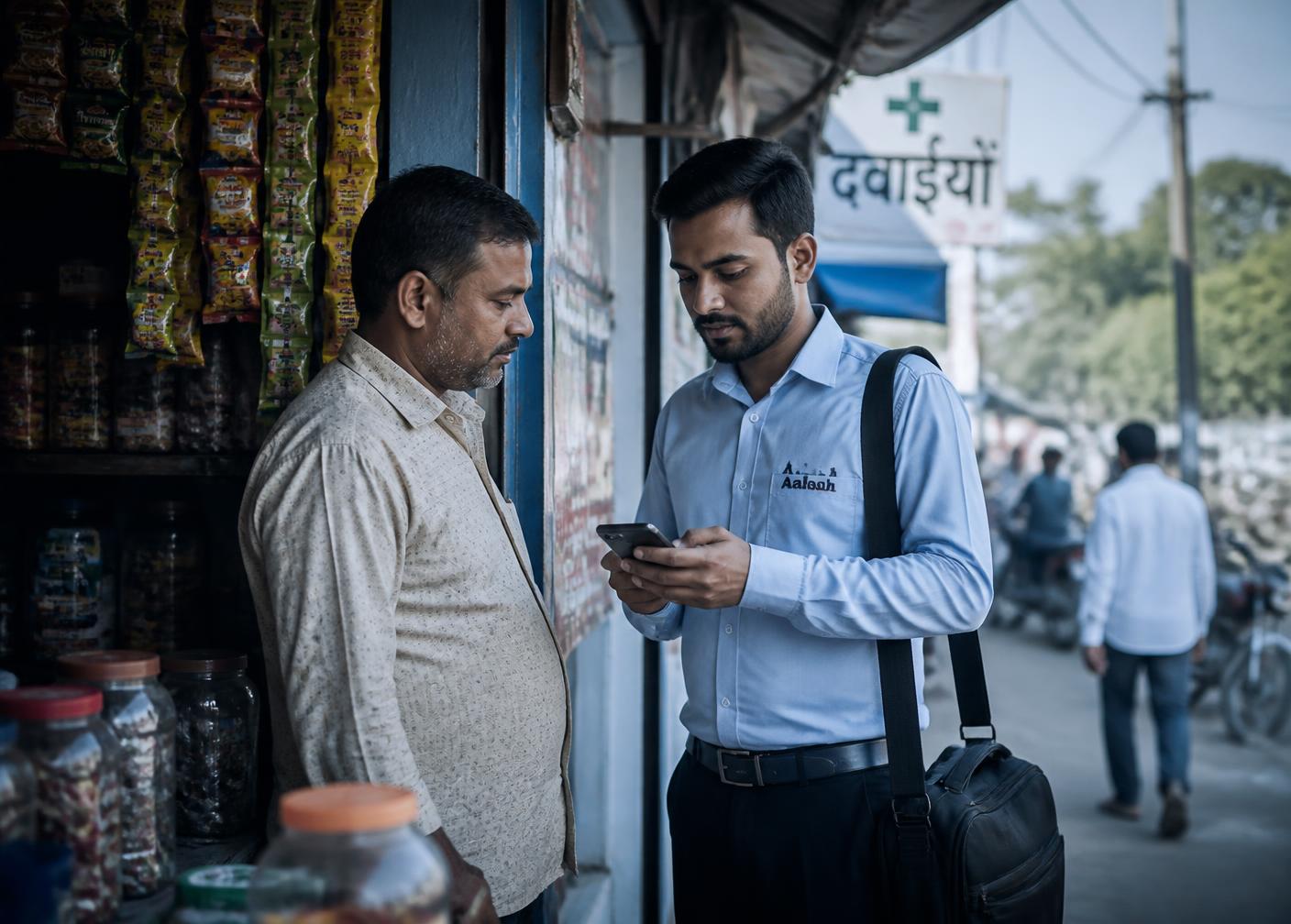 Field sales executive booking a retail order on a market street in India