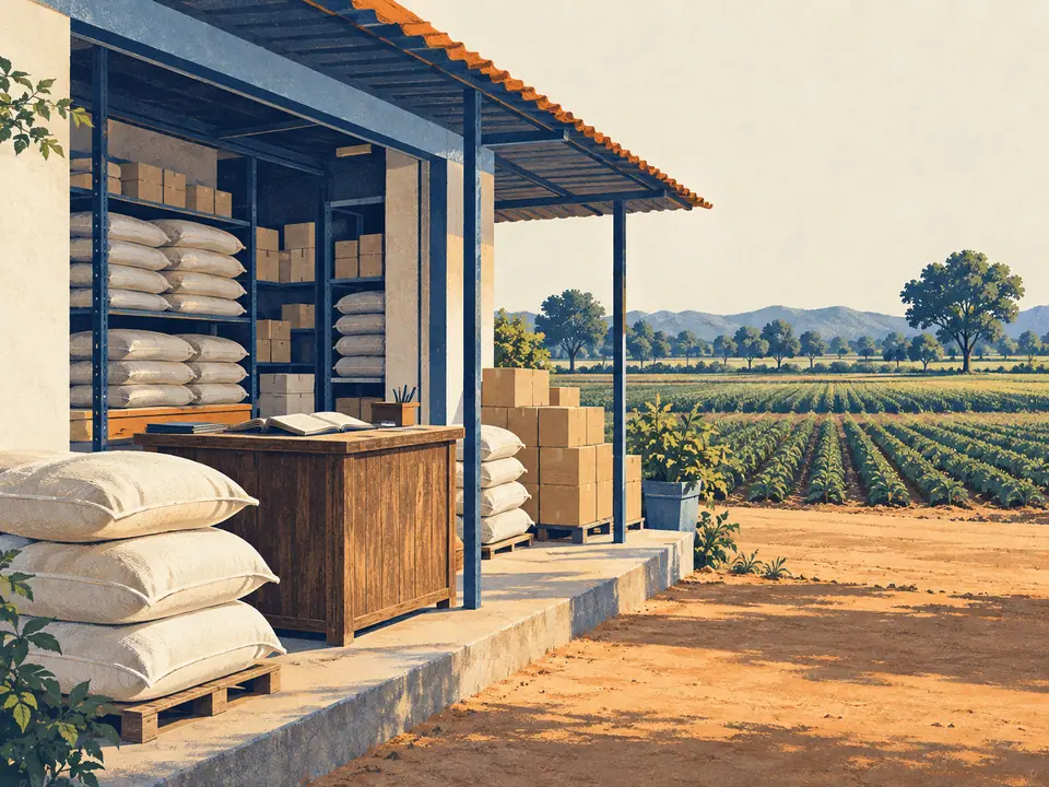 Illustration of an agricultural supply dealer beside cultivated fields