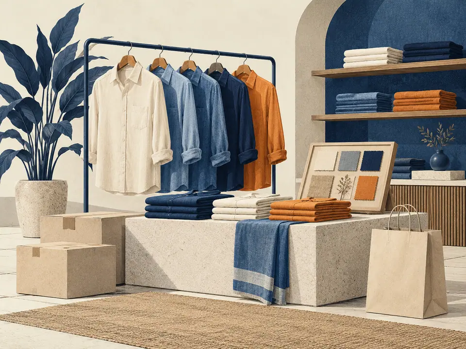 Illustration of garments, textile swatches, retail stock and a plain shopping bag