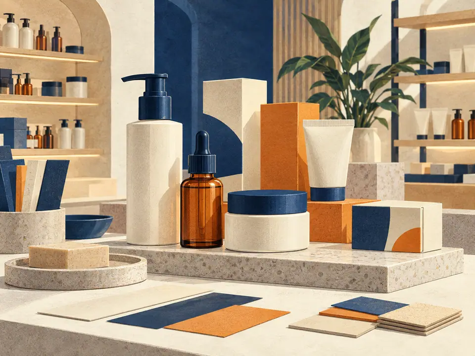Illustration of unbranded beauty and personal-care packaging on a specialist display