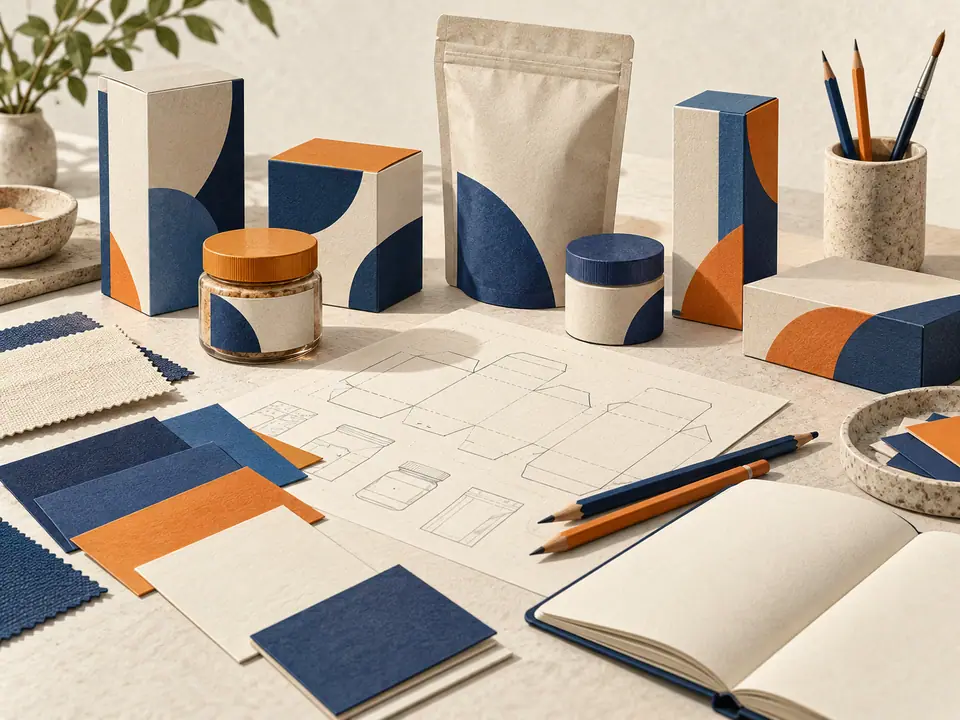 Illustration of unbranded packaging, product samples, paper swatches and packaging designs