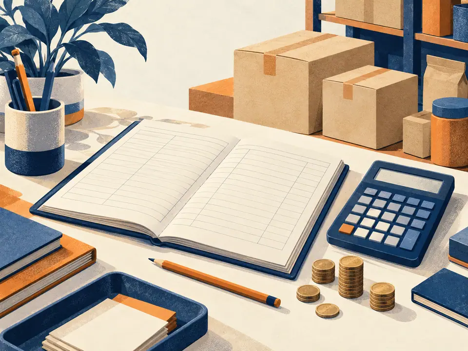 Illustration of a planning ledger, a blank calculator and supply cartons