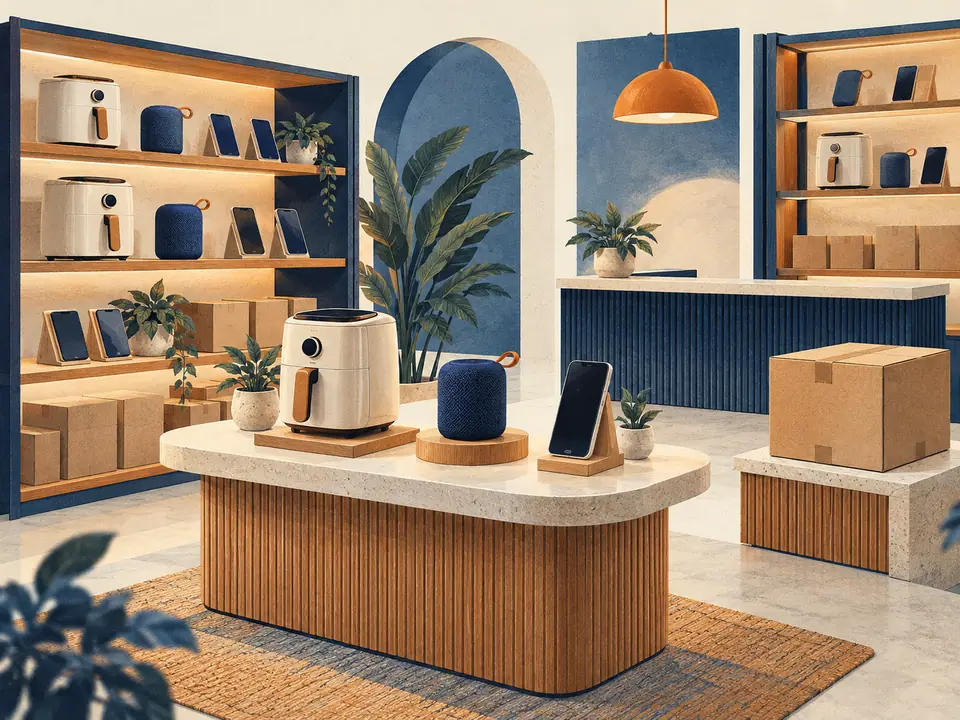 Illustration of small appliances and electronics in a specialist showroom