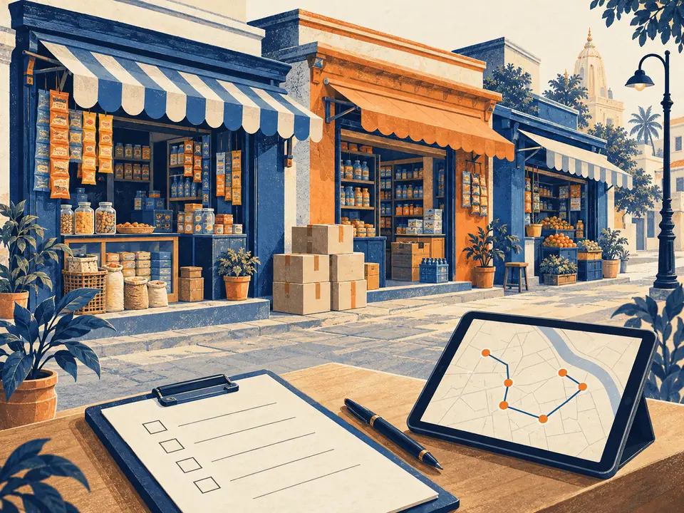 Illustration of neighbourhood retail visits planned with a route tablet and a checklist