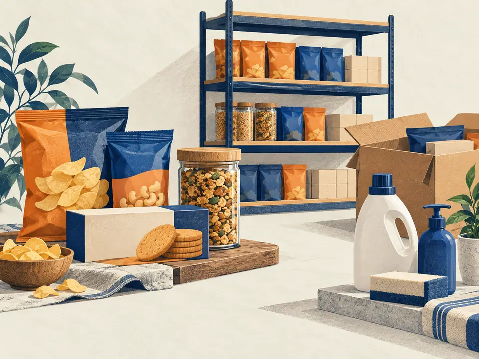Illustration of unbranded packaged food and household-care formats with retail stock