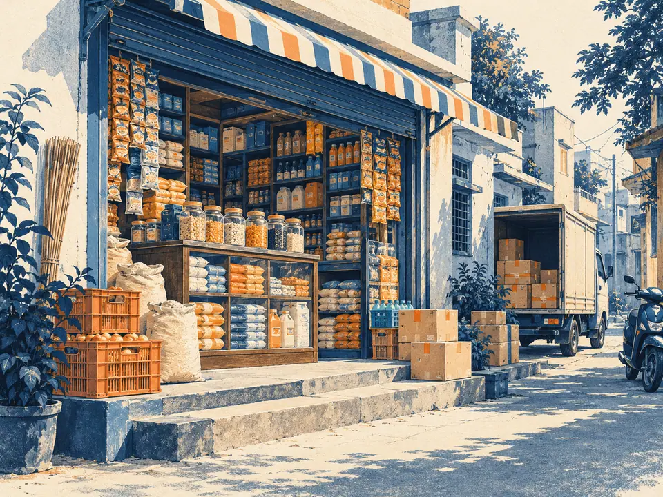Illustration of a stocked Indian neighbourhood shop receiving delivery cartons