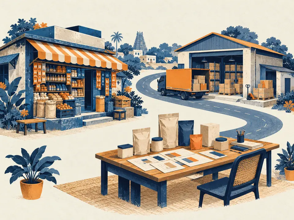 Illustration connecting an Indian retail shop, a distribution depot and a product-planning desk