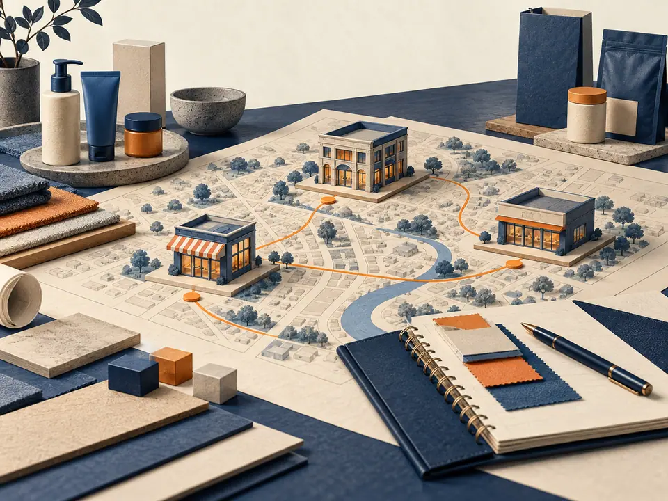 Illustration of retail models arranged on a schematic neighbourhood planning map