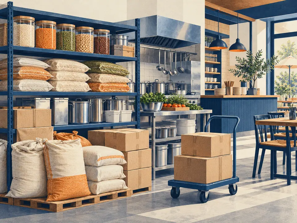 Illustration of bulk supplies, delivery cartons and a restaurant receiving area