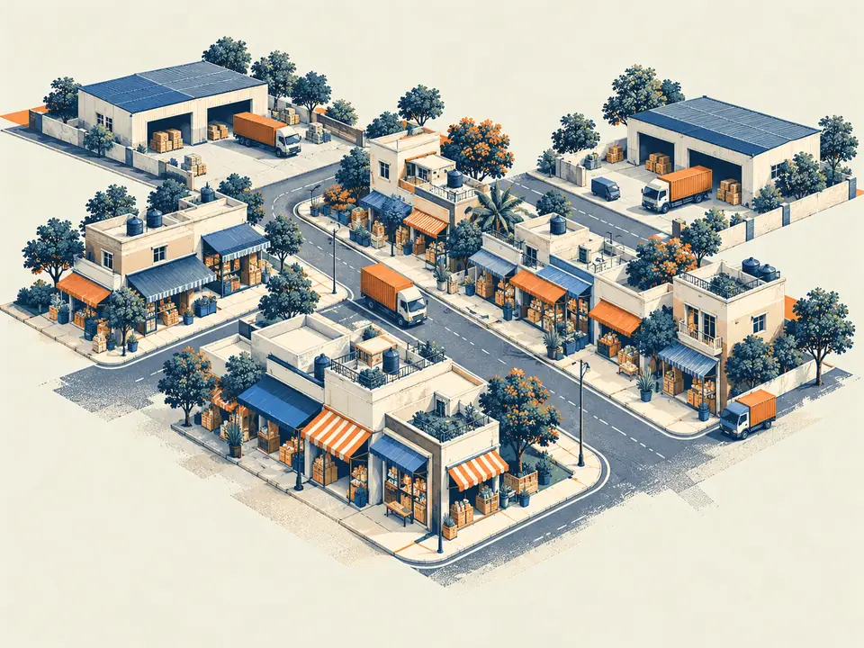 Schematic illustration of imagined retail neighbourhoods and supply routes
