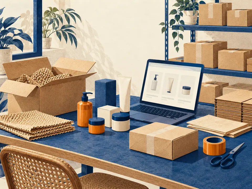 Illustration of a product catalogue and a parcel-packing workbench