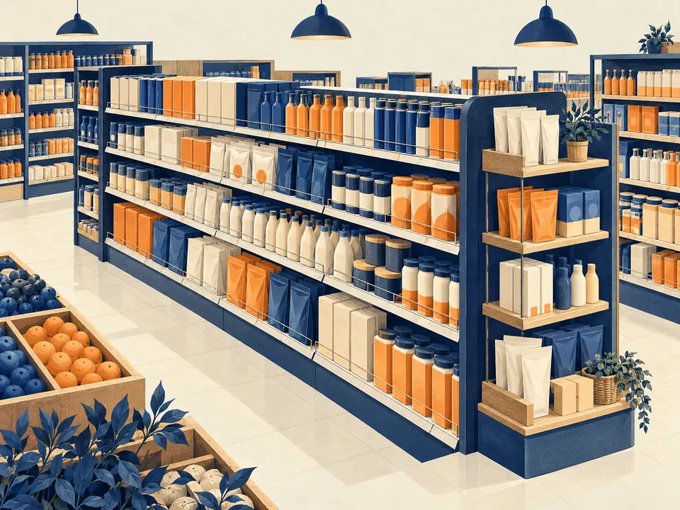 Illustration of organised supermarket shelves and an unbranded product display