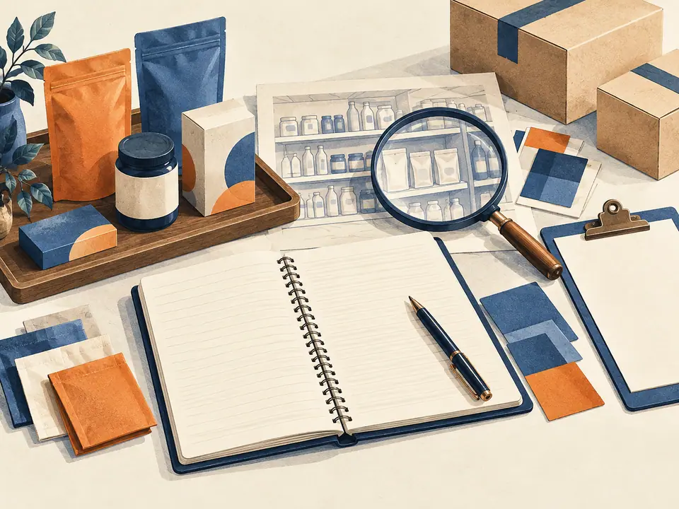 Illustration of field notes, product samples and a shelf observation sheet