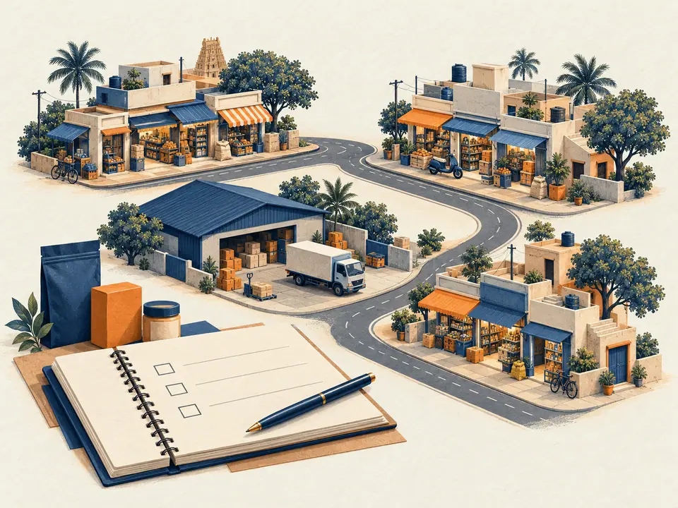 Illustration of three small retail clusters, a supply depot and a pilot review notebook