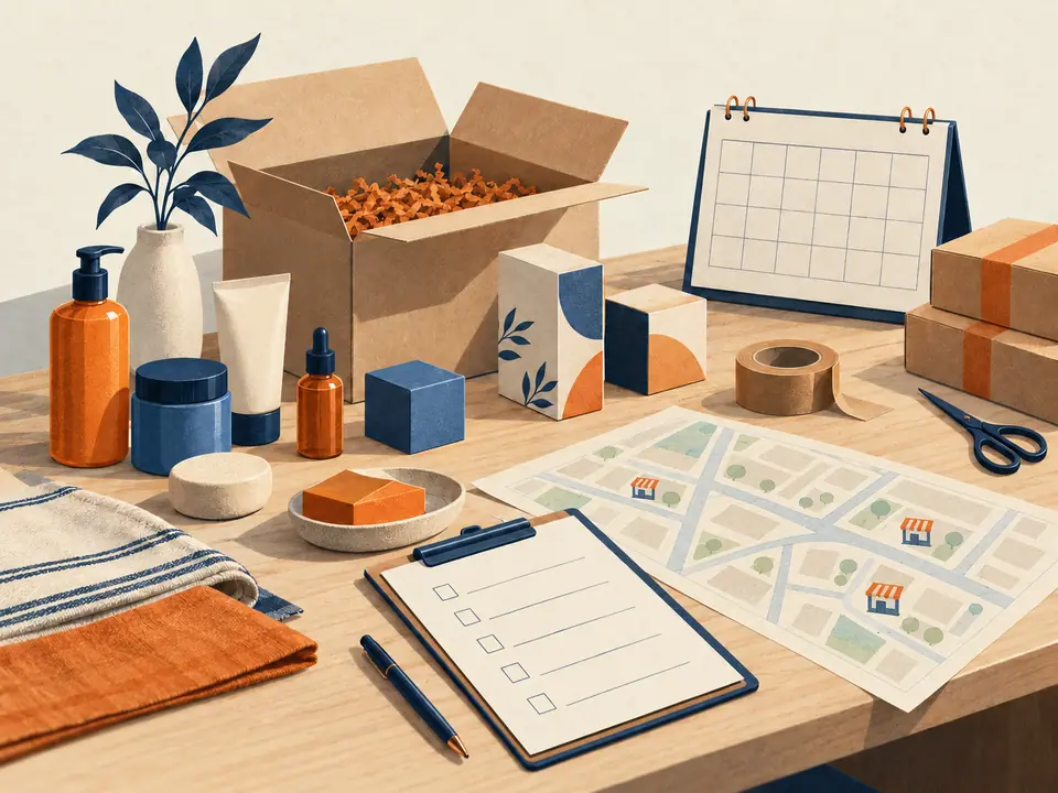 Illustration of launch samples, a checklist, a blank calendar and a neighbourhood plan