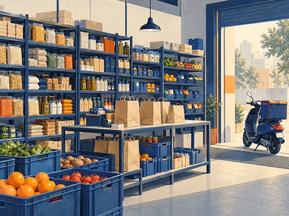 Illustration of a local dark store with picking shelves, packed bags and a delivery scooter