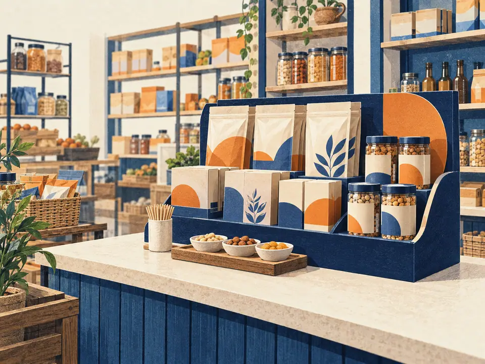 Illustration of an unbranded countertop product display and a sampling tray