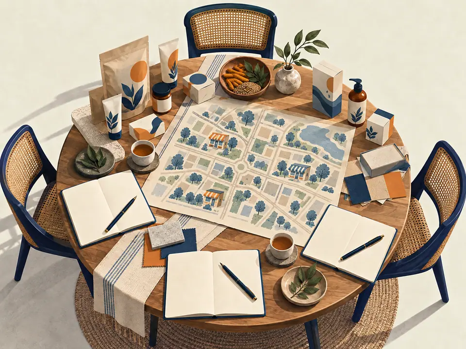 Illustration of a shared planning table with product samples, notebooks and a schematic street map
