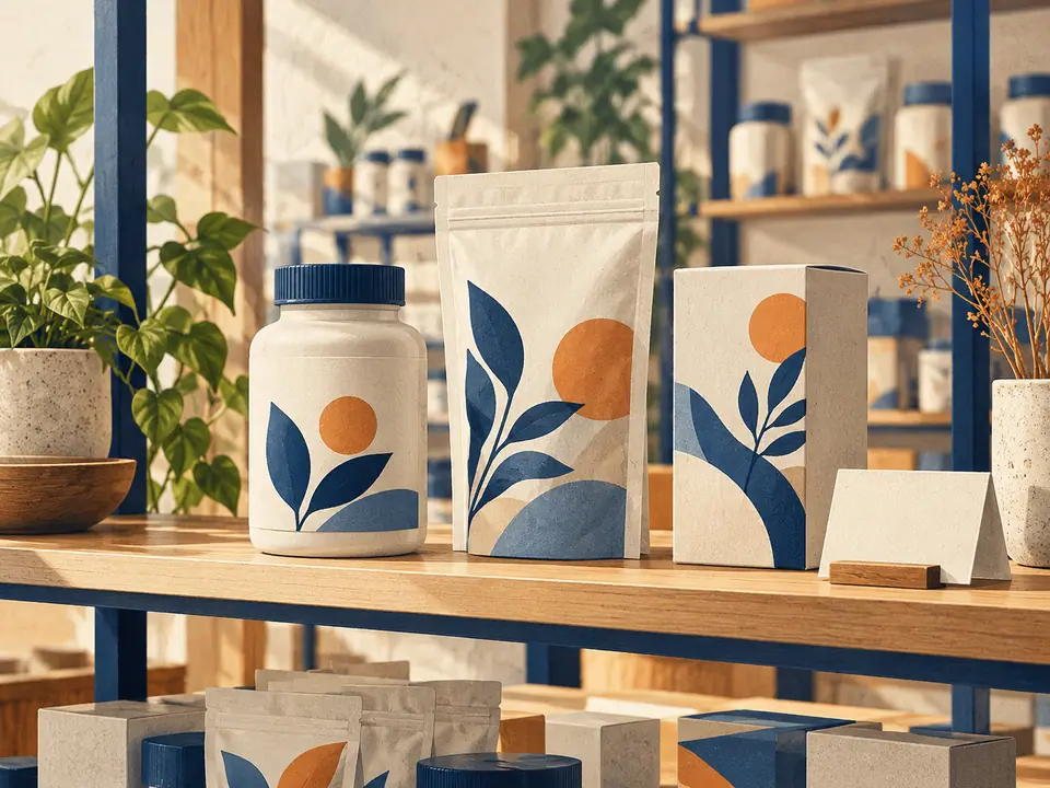 Illustration of unbranded wellness product formats and a plain product-information card